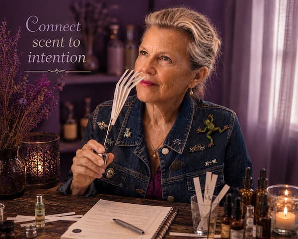 Woman smelling scent strips at a candlelit perfume-making table with botanicals and essential oils