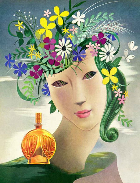 Vintage illustration of a woman with botanical flowers in her hair and an amber perfume bottle — Sol Aromatics natural perfume